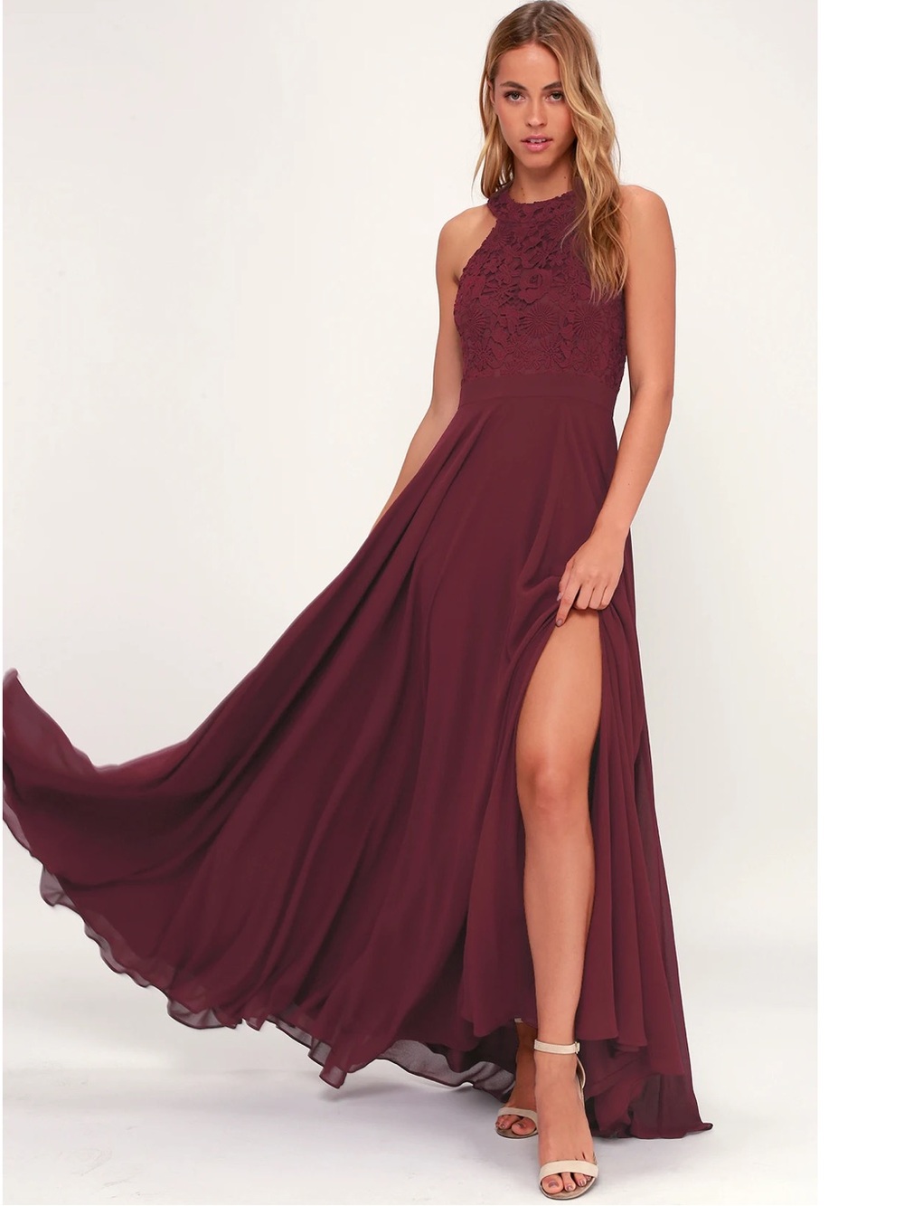 Lulus Picture Perfect Burgundy Crochet Lace Halter Chiffon Maxi Dress Formal